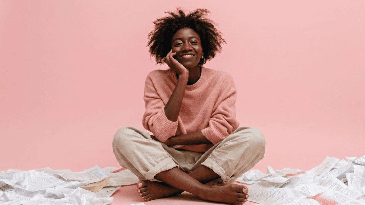 A researcher sitting among paper drafts, smiling — preserving rigor while turning research into stories.