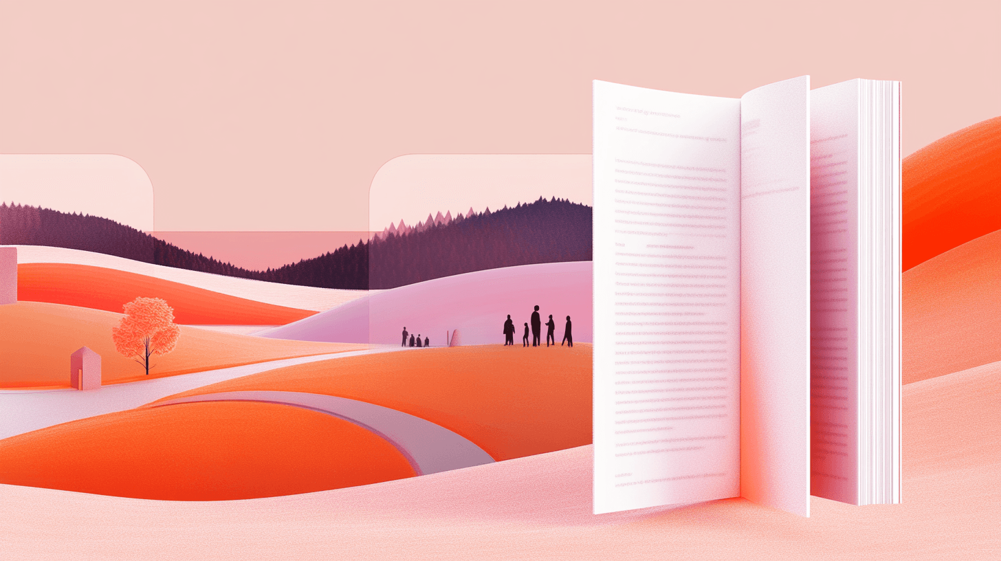 Illustration of research papers transforming into an open book with a colorful landscape