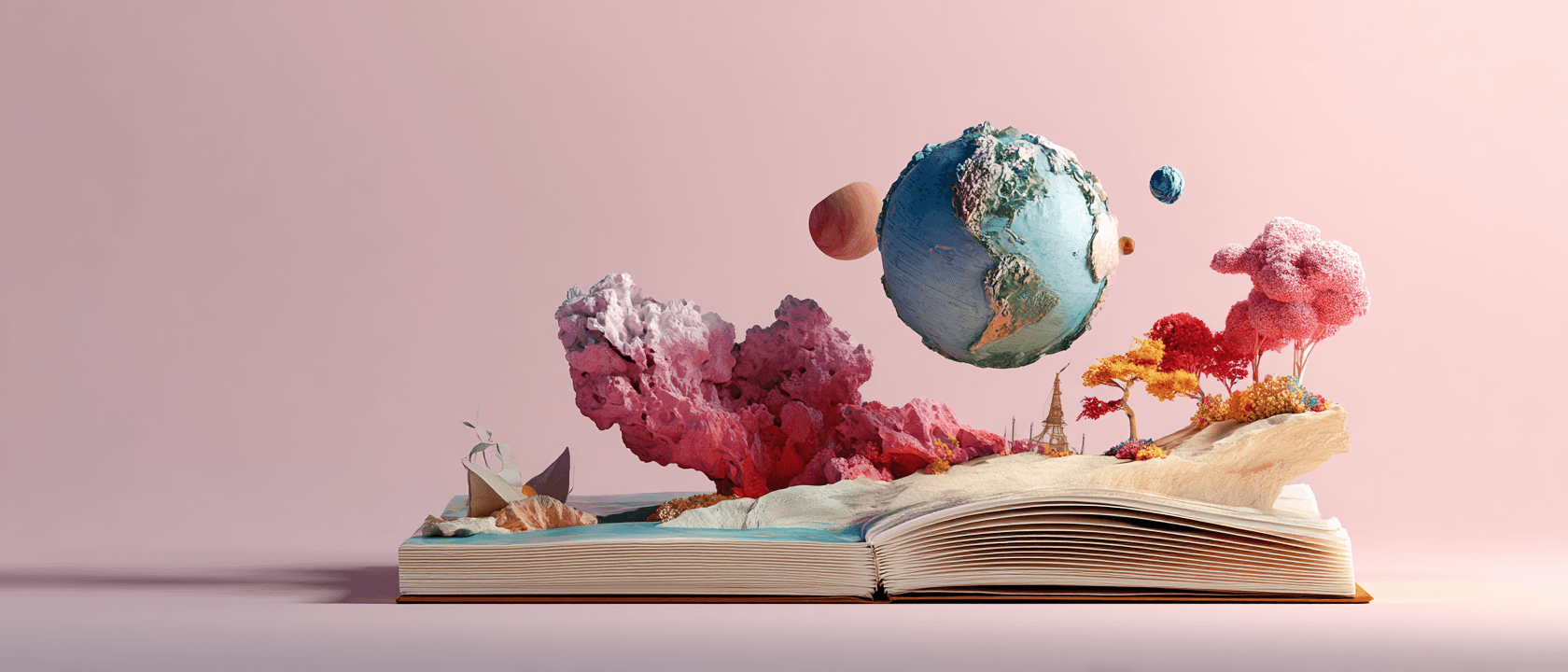 An open book with a vivid world rising from its pages