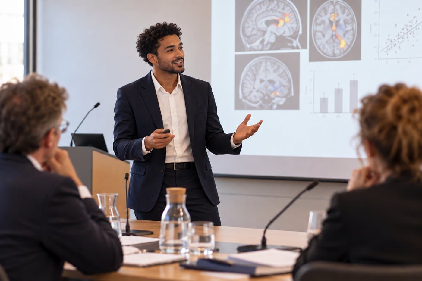Een promovendus vertelt enthousiast over zijn onderzoek, met hersenscans en grafieken op het scherm achter hem