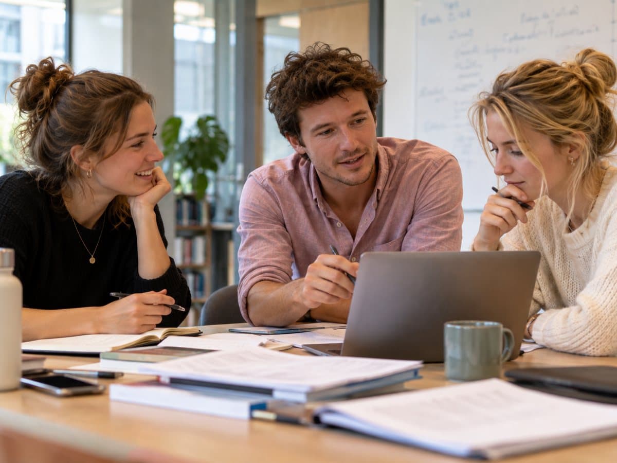 Drie onderzoekers overleggen aan tafel rond een laptop, tussen papieren en notitieboeken