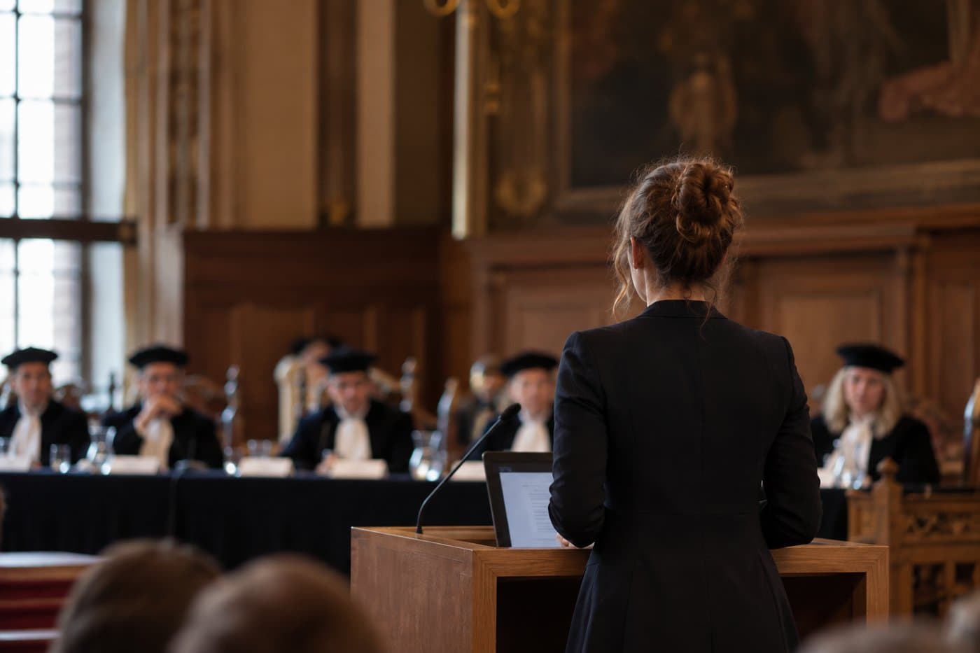 Een promovenda staat achter het spreekgestoelte in een historische aula, tegenover de commissie in toga
